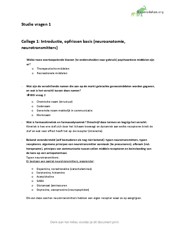 Studievragen psychofarmacologie college 1 en 2